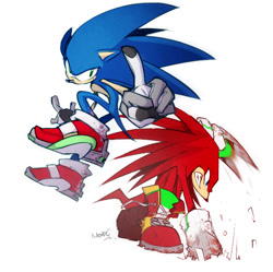 Size: 577x575 | Tagged: safe, artist:evmousser, knuckles the echidna, sonic the hedgehog, echidna, hedgehog, 2010, clenched fists, clenched teeth, digging, dirt, duo, looking at viewer, looking down, male, mid-air, pointing, signature, simple background, smile, soap shoes, stain, white background