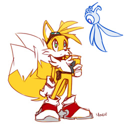 Size: 400x400 | Tagged: safe, artist:evmousser, miles "tails" prower, wisp, yacker, fox, 2010, agender, alternate outfit, belt, duo, eyewear on head, frown, goggles, goggles on head, hand on hip, holding something, looking at them, looking offscreen, male, miles electric, signature, simple background, sonic colors, white background