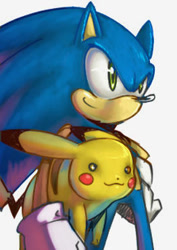 Size: 262x370 | Tagged: safe, artist:evmousser, sonic the hedgehog, hedgehog, 2010, ambiguous gender, carrying them, crossover, duo, looking offscreen, male, pikachu, pokemon, simple background, smile, standing, white background