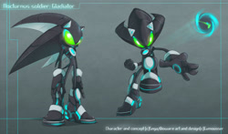 Size: 1024x601 | Tagged: safe, artist:evmousser, sonic the hedgehog, oc, oc:nocturnus sonic, hedgehog, sonic chronicles, 2011, alternate universe, character name, clenched fist, english text, glowing eyes, male, multiple views, robot, roboticized, solo, spindash, standing, text