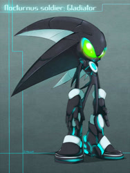 Size: 600x796 | Tagged: safe, artist:evmousser, sonic the hedgehog, oc, oc:nocturnus sonic, hedgehog, sonic chronicles, 2011, alternate version, character name, english text, glowing eyes, male, robot, roboticized, solo, standing, text