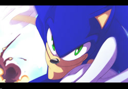 Size: 800x558 | Tagged: safe, artist:evmousser, sonic the hedgehog, hedgehog, 2010, alternate version, border, explosion, looking at viewer, male, reaching out, reaching towards the viewer, running, running towards viewer, signature, simple background, smile, solo, white background