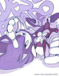 Size: 694x900 | Tagged: safe, artist:evmousser, chip, sonic the hedgehog, hedgehog, sonic unleashed, 2010, duo, duo male, holding them, looking at viewer, lying down, male, males only, monochrome, shadow (lighting), simple background, smile, spanish text, text, unknown species, upside down, white background