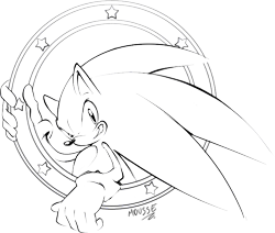 Size: 697x592 | Tagged: safe, artist:evmousser, sonic the hedgehog, hedgehog, 2011, clenched teeth, holding something, line art, looking at viewer, male, monochrome, signature, simple background, smile, solo, star (symbol), transparent background