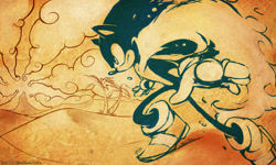 Size: 800x480 | Tagged: safe, artist:evmousser, sonic the hedgehog, hedgehog, 2010, arms out, fire, flame, frown, limited palette, looking offscreen, male, ring (jewelry), solo, sonic and the secret rings, standing, style emulation, youtube link in description