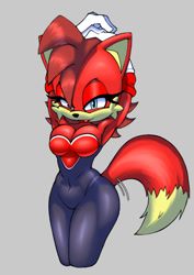 Size: 595x842 | Tagged: safe, artist:cakesington, fiona fox, fox, arms behind head, cleavage, female, grey background, looking at viewer, outfit swap, rouge's heart top, simple background, solo, stretching