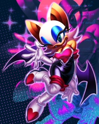 Size: 1634x2048 | Tagged: safe, artist:paradisepeoni, rouge the bat, bat, 2026, abstract background, cleavage, clenched teeth, female, lineless, outline, smile, solo, sparkles, waving, wink