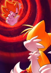 Size: 1448x2048 | Tagged: safe, artist:woniksonik, miles "tails" prower, sonic the hedgehog, fox, hedgehog, 2026, arm buster, duo, fight, fleetway, fleetway super sonic, flying, frown, looking at each other, mid-air, reaching out, smile, standing, super form