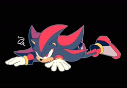 Size: 1562x1080 | Tagged: safe, artist:kzbr1256, shadow the hedgehog, hedgehog, 2026, black background, flat colors, frown, grumpy, looking offscreen, lying down, lying on front, male, outline, simple background, solo, squiggle