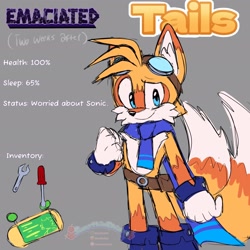 Size: 2048x2048 | Tagged: safe, artist:sumpthinphishy, miles "tails" prower, fox, 2025, alternate outfit, alternate version, au:sonic emaciated, belt, boots, character sheet, clenched fists, clothes, ear fluff, english text, eyewear on head, flat colors, fur markings, gloves, goggles, goggles around neck, grey background, male, miles electric, scarf, screwdriver, simple background, smile, solo, standing, text, wrench
