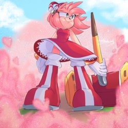 Size: 1280x1280 | Tagged: safe, artist:sumpthinphishy, amy rose, hedgehog, clouds, daytime, dust clouds, female, from below, heart, holding something, looking offscreen, outdoors, piko piko hammer, smile, solo, standing, warrior feather