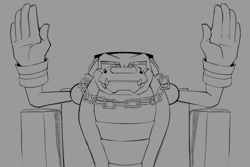 Size: 1072x716 | Tagged: safe, artist:eblastgraphix45, vector the crocodile, crocodile, 2026, absolute cinema, chaotix case files, grey background, hands up, line art, looking at viewer, male, meme, monochrome, simple background, solo