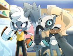 Size: 2048x1583 | Tagged: safe, artist:rcamayastudios, tangle the lemur, whisper the wolf, lemur, wolf, 2026, chaotix case files, clenched fist, duo, eyes closed, fangs, female, hair over one eye, hand on hip, holding something, indoors, looking offscreen, mouth open, standing