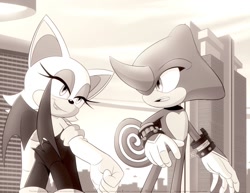 Size: 1024x791 | Tagged: safe, artist:rcamayastudios, espio the chameleon, rouge the bat, bat, 2026, alternate version, chameleon, chaotix case files, duo, greyscale, lidded eyes, looking at each other, monochrome, mouth open, outdoors, smile, standing
