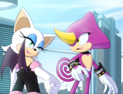 Size: 2048x1583 | Tagged: safe, artist:rcamayastudios, espio the chameleon, rouge the bat, bat, 2026, chameleon, chaotix case files, duo, female, lidded eyes, looking at each other, male, mouth open, outdoors, smile, standing