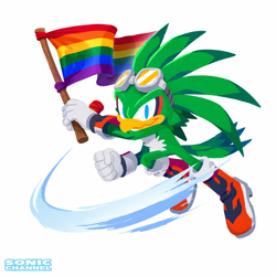 Size: 1024x1024 | Tagged: safe, artist:yui karasuno, jet the hawk, bird, 2026, edit, editor needed, flag, gay pride, holding something, male, pride, pride flag, simple background, smile, solo, sonic channel, white background