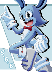 Size: 1375x1885 | Tagged: safe, artist:efraart_mix, feels the rabbit, rabbit, 2026, buck teeth, clenched fists, looking offscreen, male, mouth open, outline, pointing, smile, solo, sonic beta bush