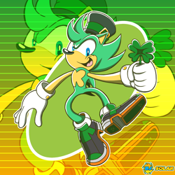 Size: 2048x2048 | Tagged: safe, artist:bluebolt-hedgehog, irish the hedgehog, hedgehog, 2026, echo background, four leaf clover, holding something, looking at viewer, male, mid-air, mouth open, outline, smile, solo, st.patrick's day, treads