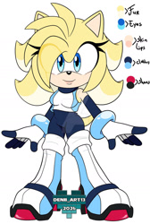 Size: 1024x1521 | Tagged: safe, artist:denii-art13, oc, oc:sera the hedgehog, hedgehog, 2026, boots, clothes, color palette, deviantart watermark, english text, eye clipping through hair, female, gloves, looking at viewer, obtrusive watermark, oc only, smile, solo, standing, text, watermark, white background