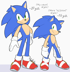 Size: 850x871 | Tagged: safe, artist:ketlike, sonic the hedgehog, hedgehog, 2020, aged up, duo, english text, looking at viewer, male, smile, standing, style comparison, text