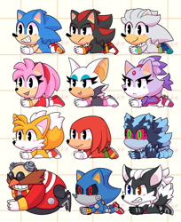 Size: 900x1104 | Tagged: safe, artist:ketlike, amy rose, blaze the cat, infinite the jackal, knuckles the echidna, mephiles the dark, metal sonic, miles "tails" prower, robotnik, rouge the bat, shadow the hedgehog, silver the hedgehog, sonic the hedgehog, bat, cat, echidna, fox, hedgehog, human, jackal, 2023, amybetes, black sclera, blazebetes, clenched teeth, cute, female, frown, group, heterochromia, infinibetes, knucklebetes, looking offscreen, lying down, lying on front, male, mephilbetes, metalbetes, mouth open, red sclera, robot, robotnikbetes, rougabetes, shadowbetes, silvabetes, smile, sonabetes, tailabetes, wall of tags