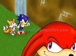 Size: 700x512 | Tagged: safe, artist:flashthewolf, knuckles the echidna, miles "tails" prower, sonic the hedgehog, echidna, fox, 2011, angel island, angel island zone, angry, classic knuckles, classic sonic, classic tails, cross popping vein, grass, looking at them, male, obtrusive watermark, shaking fist, smile, sonic the hedgehog 3, standing, trio, water, waterfall, watermark, worried