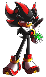 Size: 1006x1676 | Tagged: safe, artist:twisterth, shadow the hedgehog, hedgehog, 2019, broken (song), chaos emerald, frown, gun, holding something, lidded eyes, looking offscreen, male, simple background, solo, standing, transparent background, youtube link in description