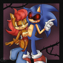 Size: 2000x2000 | Tagged: safe, artist:yoshiyoshi700, oc, oc:sally.exe, oc:sonic.exe, chipmunk, hedgehog, 2020, black sclera, bleeding, bleeding from eyes, blood, border, duo, eye clipping through hair, eye trauma, eyes closed, glowing eyes, holding each other, looking at viewer, oc only, pointing, sally x sonic, sally.exe x sonic.exe, shipping, smile, speedpaint available, speedpaint in description, standing, straight, thorn vine, youtube link in description