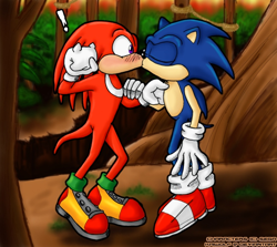 Size: 624x556 | Tagged: safe, artist:kaiwolf, knuckles the echidna, sonic the hedgehog, 2004, abstract background, blushing, duo, exclamation mark, eyes closed, gay, kiss, knuxonic, outdoors, rope, shipping, standing, surprise kiss, surprised, tree