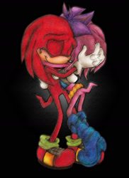 Size: 1166x1603 | Tagged: safe, artist:julie-sue, julie-su, knuckles the echidna, echidna, 2009, crying, duo, eyes closed, gradient background, hugging, julie-su x knuckles, shipping, smile, straight, tears, tears of happiness