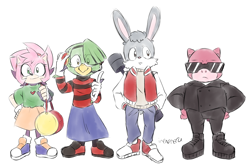 Size: 2100x1400 | Tagged: safe, artist:irenereru, amy rose, johnny lightfoot, tekno the canary, bird, hedgehog, rabbit, 2022, alternate universe, bag, buck teeth, canary, eye clipping through hair, group, pig, porker lewis, signature, simple background, sonic the comic, standing, sunglasses, white background
