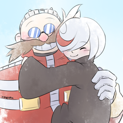 Size: 1024x1024 | Tagged: safe, artist:irenereru, robotnik, sage, human, sonic frontiers, 2022, blushing, duo, eyes closed, father and child, father and daughter, hugging, robot, sagebetes, signature, simple background, smile, wholesome