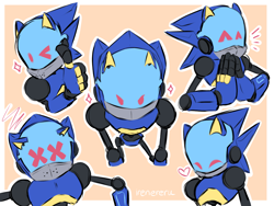 Size: 1600x1200 | Tagged: safe, artist:irenereru, chaos sonic, sonic prime, sonic prime s2, 2023, ^^, border, eyes closed, flat colors, hands together, happy, heart, looking at viewer, outline, robot, signature, solo, sparkles, wink, x eyes