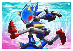 Size: 1024x724 | Tagged: safe, artist:jeffriedrice, chaos sonic, sonic the hedgehog, hedgehog, sonic adventure, 2023, adventure pose, border, deviantart watermark, duo, looking at viewer, obtrusive watermark, pointing, posing, robot, solo focus, watermark