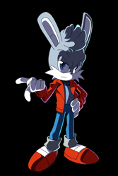 Size: 800x1200 | Tagged: safe, artist:jetblack0x, johnny lightfoot, rabbit, black background, clothes, frown, fully clothed, gloves, hand on hip, jacket, lidded eyes, looking at viewer, male, modern style, pants, pointing, shirt, shoes, simple background, socks, solo, style emulation