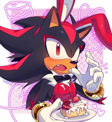 Size: 1717x1867 | Tagged: safe, artist:shadzzz_11, shadow the hedgehog, 2025, blushing, bowtie, bunny girl outfit, cake, crossdressing, crumbs, food, fruit, heart, holding something, looking offscreen, mouth open, one fang, plate, solo, standing, strawberry