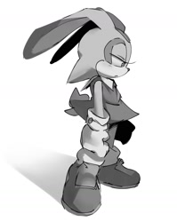 Size: 1469x1844 | Tagged: safe, artist:shadzzz_11, cream the rabbit, rabbit, 2024, frown, greyscale, lidded eyes, looking offscreen, monochrome, side view, simple background, solo, standing, white background