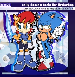 Size: 1418x1459 | Tagged: safe, artist:zeed_02, sally acorn, sonic the hedgehog, chipmunk, hedgehog, 2026, character name, duo, female, looking at viewer, male, pose, sally x sonic, sally's ringblader outfit, shipping, straight