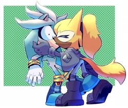 Size: 1774x1507 | Tagged: safe, artist:mrasombro, silver the hedgehog, whisper the wolf, hedgehog, wolf, 2025, blushing, duo, female, kiss, male, shipping, silvisper, simple background, smile, straight