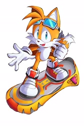 Size: 1365x2048 | Tagged: safe, artist:kirbishii, miles "tails" prower, extreme gear, from above, goggles, goggles on head, looking at viewer, looking up, looking up at viewer, mouth open, open smile, simple background, smile, smiling at viewer, solo, white background