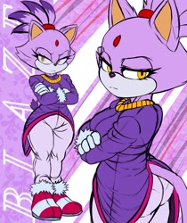 Size: 1724x2048 | Tagged: safe, artist:kwalker1009, blaze the cat, cat, abstract background, arms folded, character name, frown, lidded eyes, looking offscreen, solo, text