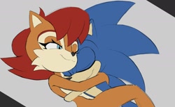Size: 1987x1222 | Tagged: safe, artist:maximuseditor, sally acorn, sonic the hedgehog, chipmunk, hedgehog, 2026, duo, female, hugging, lying down, male, sally x sonic, shipping, sketch, straight
