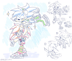 Size: 1280x1083 | Tagged: safe, artist:k3llywolfarts, manik acorn, sonia acorn, chipmunk, hedgehog, 2024, brother and sister, carrying them, clothes, duo, female, happy, jacket, male, parent:sally, parent:sonally, parent:sonic, scarf, shipping, siblings, skating, slipping, sparkles, straight, winter, winter outfit