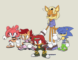 Size: 1280x989 | Tagged: safe, artist:risziarts, manik acorn, sonia acorn, oc, oc:ruby the echidna, chipmunk, coyote, echidna, hedgehog, rabbit, 2024, belle d'coolette, child, female, glasses, group, holding hands, jewelry, male, meme, necklace, parent:antoine, parent:bunnie, parent:buntoine, parent:knuckles, parent:knuxouge, parent:rouge, parent:sally, parent:sonally, parent:sonic, pose, ring (jewelry), simple background, teenager