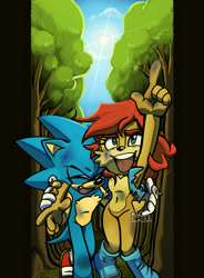 Size: 1400x1900 | Tagged: safe, artist:tracingpapier, sally acorn, sonic the hedgehog, chipmunk, hedgehog, 2022, bruise, daytime, duo, female, forest, male, pointing, sally x sonic, sally's vest and boots, shipping, straight, sun, tree, wound