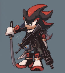 Size: 1241x1376 | Tagged: safe, artist:goodlouse, shadow the hedgehog, hedgehog, 2025, blue background, frown, gun, holding something, katana, looking offscreen, male, omochao gun, rifle, shadow the hedgehog (video game), signature, simple background, solo, weapon
