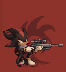 Size: 1257x1359 | Tagged: safe, artist:goodlouse, shadow the hedgehog, hedgehog, 2025, aiming, floppy ears, gun, holding something, looking offscreen, male, red background, rifle, shadow the hedgehog (video game), shadow's logo, signature, simple background, solo, weapon