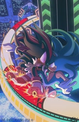Size: 1324x2048 | Tagged: safe, artist:the-everlasting-ash, shadow the hedgehog, sonic the hedgehog, hedgehog, sonic adventure 2, 2026, abstract background, duo, earth, final rush, frown, gay, lidded eyes, looking at each other, male, planet, rail grinding, railing, shadow x sonic, shipping, signature, smile, soap shoes, space