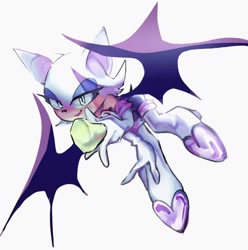 Size: 1272x1280 | Tagged: safe, artist:sunbeam404, rouge the bat, 2026, chaos emerald, female, holding something, lidded eyes, looking at viewer, simple background, smile, solo, white background