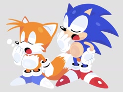 Size: 1400x1051 | Tagged: safe, artist:mannotoons, miles "tails" prower, sonic the hedgehog, fox, hedgehog, 2026, blue shoes, bubble, classic sonic, classic tails, duo, eyes closed, grey background, lineless, male, mouth open, no outlines, redraw, simple background, yawning